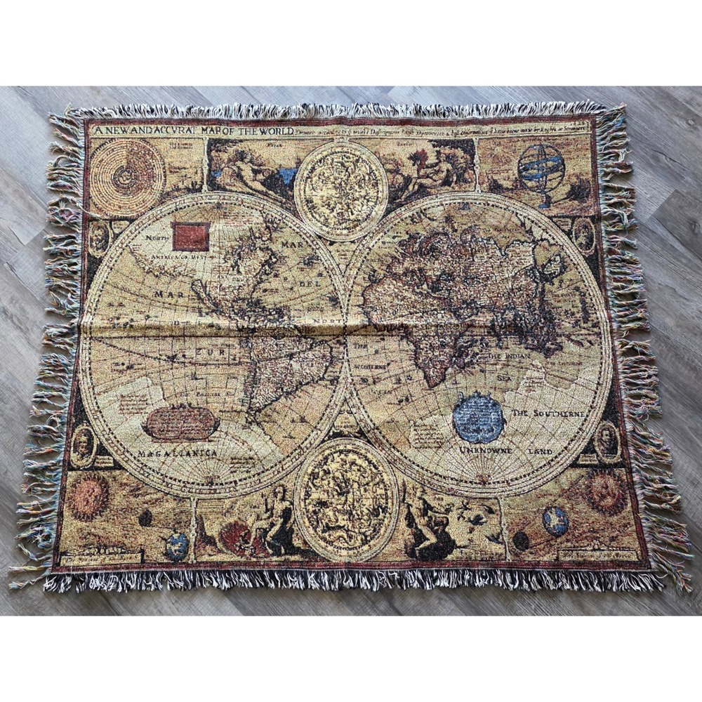 Vintage Style Woven Map of the World Tapestry Throw Blanket Fringe 48x60